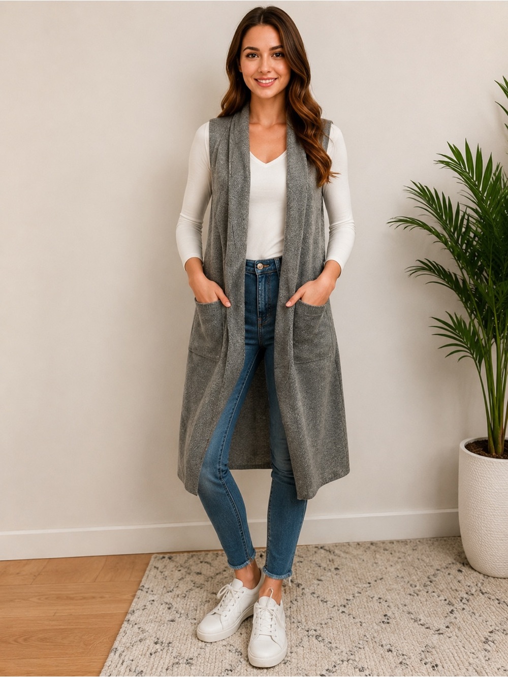 Forever 21 Long Sleeveless Knit Cardigan Sweater Vest Gray Small